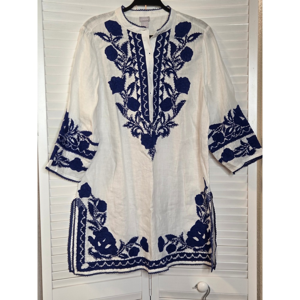 Chico's Ott Linen Kurta Applique Detail Tunic Top Size 2 L 12/14 White Blue NEW